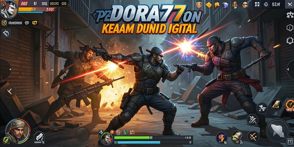 Tampilan gameplay DORA77 saat pertarungan epik berlangsung.