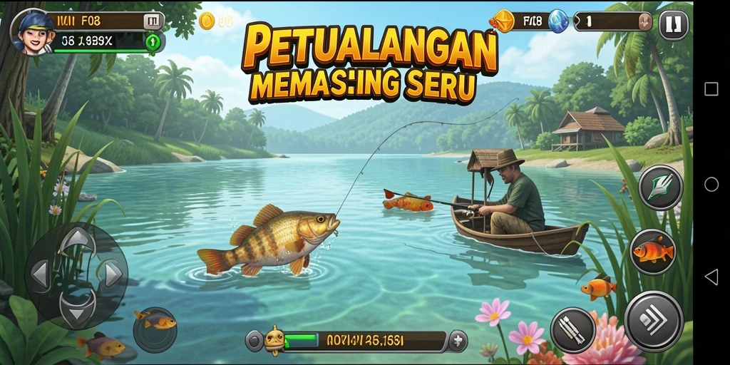 Screenshot permainan F08 dengan pemancing yang beraksi.