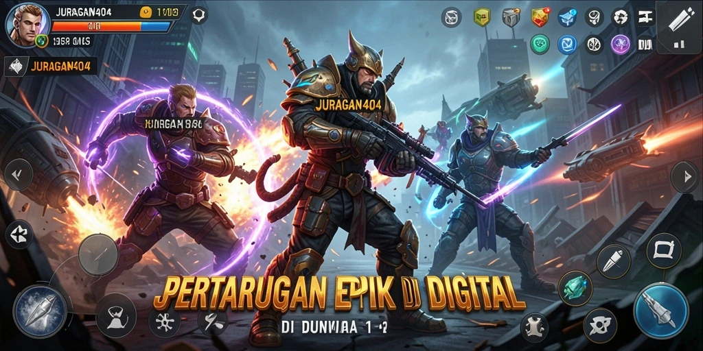 Screenshot utama JURAGAN404 menampilkan aksi pertarungan yang seru.